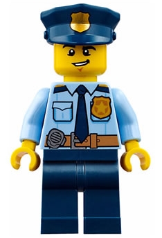 Police - City Shirt with Dark Blue Tie and Gold Badge, Dark Tan Belt with Radio, Dark Blue Legs, Police Hat with Gold Badge, Lopsided Grin