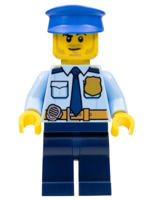 Police - City Shirt with Dark Blue Tie and Gold Badge, Dark Tan Belt with Radio, Blue Legs, Blue Police Hat, Black Stubble and Raised Right Eyebrow