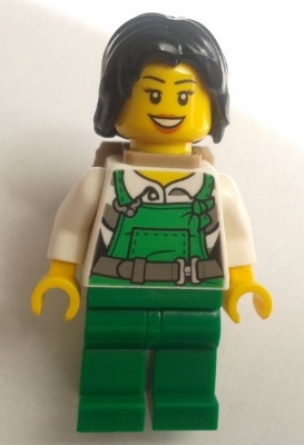 Police - City Bandit Female with Green Overalls, Black Mid-Length Tousled Hair, Backpack, Peach Lips Open Mouth Smile