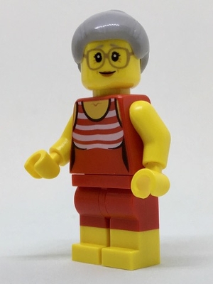 Beachgoer - Gray Female Hair and Red Old-Fashioned Swimsuit