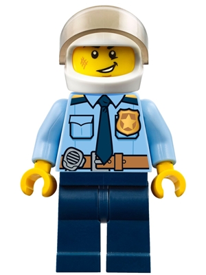 Police - City Officer Shirt with Dark Blue Tie and Gold Badge, Dark Tan Belt with Radio, Dark Blue Legs, White Helmet
