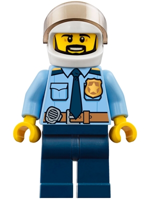 Police - City Officer Shirt with Dark Blue Tie and Gold Badge, Dark Tan Belt with Radio, Dark Blue Legs, White Helmet, Black Beard