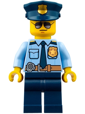 Police - City Officer Shirt with Dark Blue Tie and Gold Badge, Dark Tan Belt with Radio, Dark Blue Legs, Police Hat with Gold Badge, Sunglasses