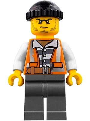 Police - City Bandit Crook Orange Vest, Dark Bluish Gray Legs, Black Knit Cap, Beard Stubble and Scowl