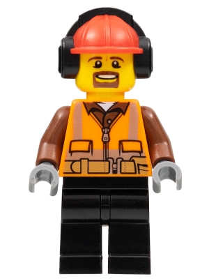 Cargo Center Worker - Male, Orange Safety Vest, Reflective Stripes, Reddish Brown Shirt, Black Legs, Red Construction Helmet with Black Headphones, Goatee