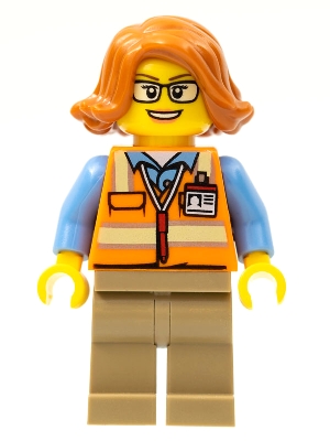 Cargo Office Worker - Orange Safety Vest with Reflective Stripes, Dark Tan Legs, Dark Orange Female Hair Short Swept Sideways, Glasses