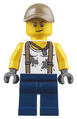 City Jungle Engineer - White Shirt with Suspenders and Dirt Stains, Dark Blue Legs, Dark Tan Cap with Hole, Smirk