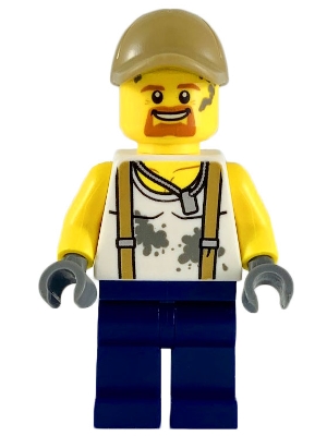 City Jungle Engineer - White Shirt with Suspenders and Dirt Stains, Dark Blue Legs, Dark Tan Cap with Hole, Goatee