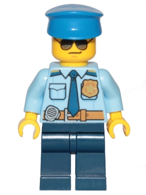 Police - City Officer Shirt with Dark Blue Tie and Gold Badge, Dark Tan Belt with Radio, Dark Blue Legs, Police Hat, Sunglasses