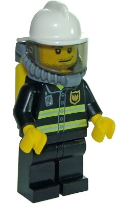 Fire - Reflective Stripes, Black Legs, White Fire Helmet, Smirk and Stubble Beard, Breathing Neck Gear with Yellow Air Tanks