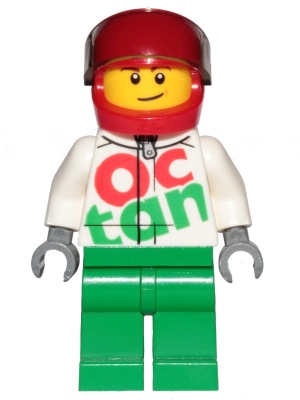 Race Car Driver, White Octan Race Suit with Silver Zipper, Red Helmet with Trans-Black Visor, Lopsided Smile