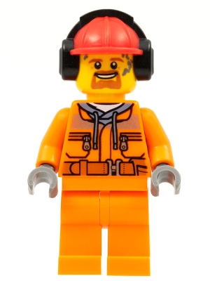 Construction Worker - Male, Orange Safety Jacket, Reflective Stripe, Sand Blue Hoodie, Orange Legs, Red Construction Helmet with Black Headphones, Goatee