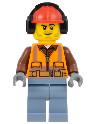 Construction Worker - Male, Orange Safety Vest, Reflective Stripes, Reddish Brown Shirt, Sand Blue Legs, Red Construction Helmet with Black Headphones, Stubble