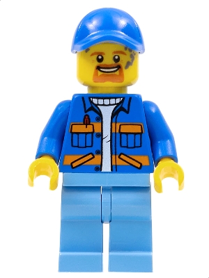 Garbage Worker - Male, Blue Jacket with Diagonal Lower Pockets and Orange Stripes, Medium Blue Legs, Blue Cap with Hole, Goatee and Splotches