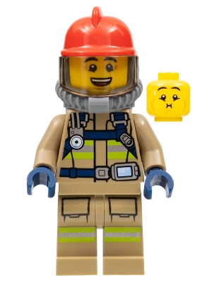 Fire - Reflective Stripes, Dark Tan Suit, Red Fire Helmet, Open Mouth, Breathing Neck Gear with Blue Air Tanks