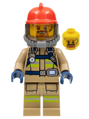 Fire - Reflective Stripes, Dark Tan Suit, Red Fire Helmet, Open Mouth with Goatee, Breathing Neck Gear with Blue Air Tanks