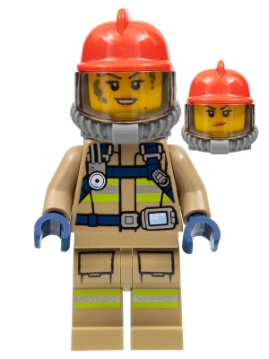 Fire - Reflective Stripes, Dark Tan Suit, Red Fire Helmet, Open Mouth with Peach Lips and Dirty Face, Breathing Neck Gear with Blue Air Tanks