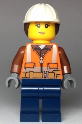 Construction Worker - Female, Orange Safety Vest, Reflective Stripes, Reddish Brown Shirt, Dark Blue Legs, White Construction Helmet with Dark Brown Hair, Peach Lips