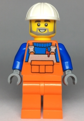 Construction Worker - Male, Orange Overalls with Reflective Stripe and Buckles over Blue Shirt, Orange Legs, White Construction Helmet