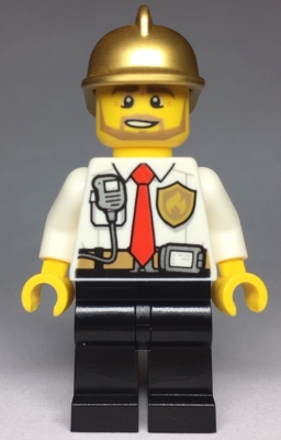 Fire - White Shirt with Tie and Belt and Radio, Black Legs, Gold Fire Helmet