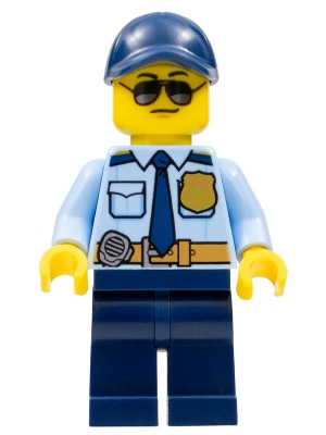 Police - City Officer Shirt with Dark Blue Tie and Gold Badge, Dark Tan Belt with Radio, Dark Blue Legs, Dark Blue Cap, Sunglasses