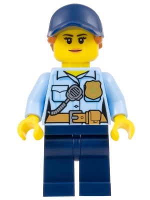 Police - City Officer Female, Bright Light Blue Shirt with Badge and Radio, Dark Blue Legs, Dark Blue Cap with Dark Orange Ponytail
