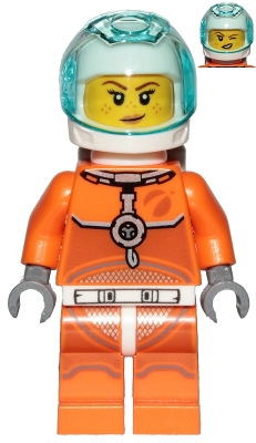Astronaut - Female, Orange Spacesuit with Dark Bluish Gray Lines, Trans Light Blue Large Visor, Freckles with Smirk and Winking