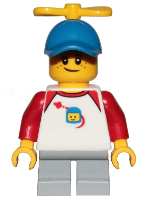Boy, Freckles, Classic Space Shirt with Red Sleeves, Light Bluish Gray Short Legs, Blue Cap with Tiny Yellow Propeller