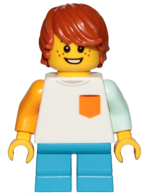 Boy, Freckles, White Shirt with Orange Pocket, Dark Azure Short Legs, Dark Orange Hair Tousled with Side Part