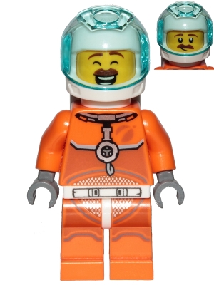 Astronaut - Male, Orange Spacesuit with Dark Bluish Gray Lines, Trans Light Blue Large Visor, Large Smile with Eyes Closed and Smirk
