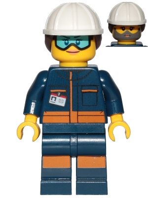 Rocket Engineer - Female, Dark Blue Jumpsuit, White  Construction Helmet with Dark Brown Ponytail Hair, Light Blue Goggles and Face Covered with Dirt