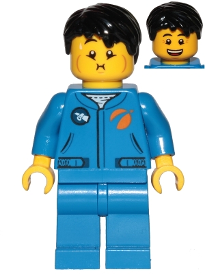 Astronaut - Male, Blue Jumpsuit, Black Hair Short Tousled with Side Part, Queasy and Open Mouth Smile