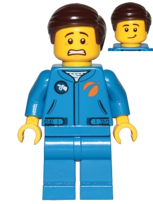 Astronaut - Male, Blue Jumpsuit, Dark Brown Hair Short Combed Sideways Part Left, Scared and Lopsided Smile