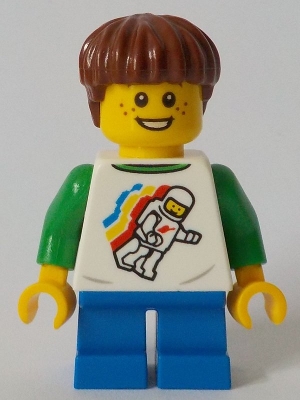 Boy, Classic Space Shirt with Minifigure Floating and Back Print, Blue Short Legs, Reddish Brown Hair