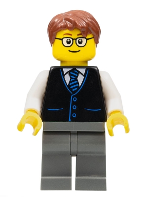 Launch Director - Male, Black Vest with Blue Striped Tie, Dark Bluish Gray Legs, Reddish Brown Short Tousled Hair, Glasses