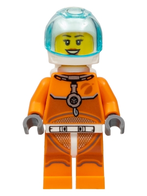 Astronaut - Female, Orange Spacesuit with Dark Bluish Gray Lines, Trans Light Blue Large Visor, Open Mouth Smile