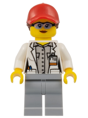 Scientist - Female, Red Cap with Ponytail Hair, Blue Goggles and Light Bluish Gray Legs