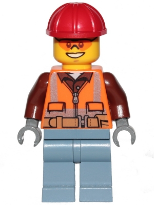 Lumberjack - Male, Orange Safety Vest, Reflective Stripes, Reddish Brown Shirt, Sand Blue Legs, Red Construction Helmet, Orange Safety Glasses