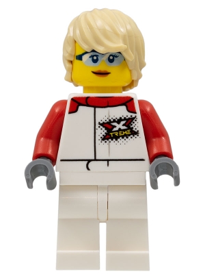 Female, White and Red Jumpsuit with &#39;XTREME&#39; Logo, Tan Tousled Hair, Sunglasses and Closed Mouth Grin