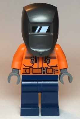 Welder - Male, Orange Safety Jacket, Reflective Stripe, Sand Blue Hoodie, Dark Blue Legs, Black Helmet, Pearl Dark Gray Welding Visor