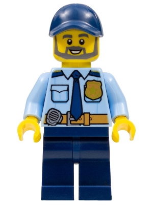 Police - City Officer Shirt with Dark Blue Tie and Gold Badge, Dark Tan Belt with Radio, Dark Blue Legs, Dark Blue Cap, Full Beard