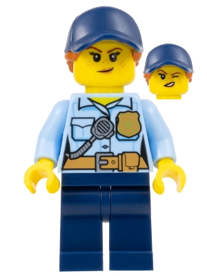 Police - City Officer Female, Bright Light Blue Shirt with Badge and Radio, Dark Blue Legs, Dark Blue Cap with Dark Orange Ponytail, Freckles