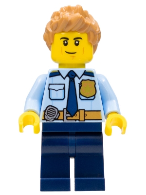 Police - City Officer Shirt with Dark Blue Tie and Gold Badge, Dark Tan Belt with Radio, Dark Blue Legs, Medium Nougat Spiked Hair