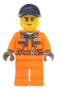 Street Sweeper Operator - Male, Orange Safety Jacket, Reflective Stripe, Sand Blue Hoodie, Orange Legs, Dark Blue Cap with Hole, Smirk