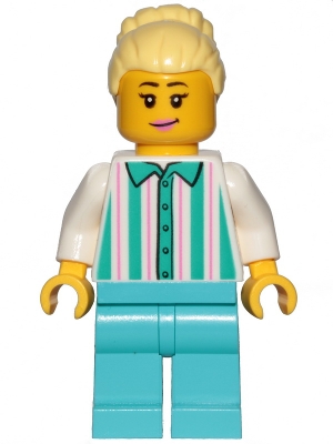Fairground Employee, Female - Bright Light Yellow Hair with High Bun, White Shirt with Stripes, Medium Azure Legs