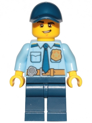 Police - City Officer Shirt with Dark Blue Tie and Gold Badge, Dark Tan Belt with Radio, Dark Blue Legs, Dark Blue Cap, Lopsided Grin