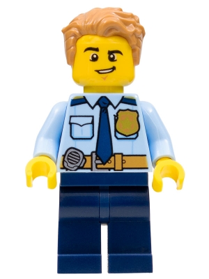 Police - City Officer Shirt with Dark Blue Tie and Gold Badge, Dark Tan Belt with Radio, Dark Blue Legs, Medium Nougat Tousled Hair