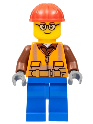 Construction Worker - Male, Orange Safety Vest, Reflective Stripes, Reddish Brown Shirt, Blue Legs, Red Construction Helmet, Glasses