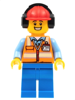 Ground Crew - Male, Orange Safety Vest with Reflective Stripes, Blue Legs, Red Construction Helmet with Headset