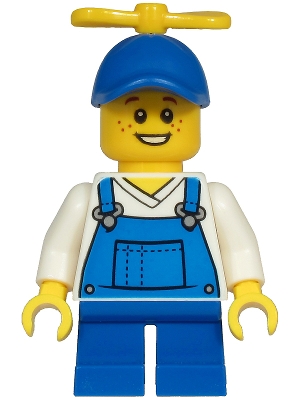 Boy - Blue Overalls over V-Neck Shirt, Blue Short Legs, Blue Cap with Tiny Yellow Propeller